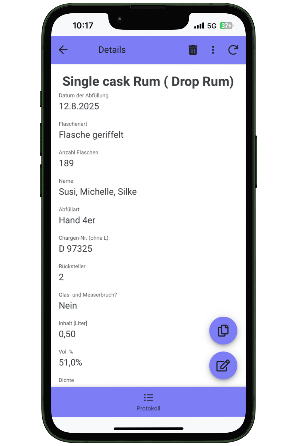 Single Cask Rum Abfüllprotokoll