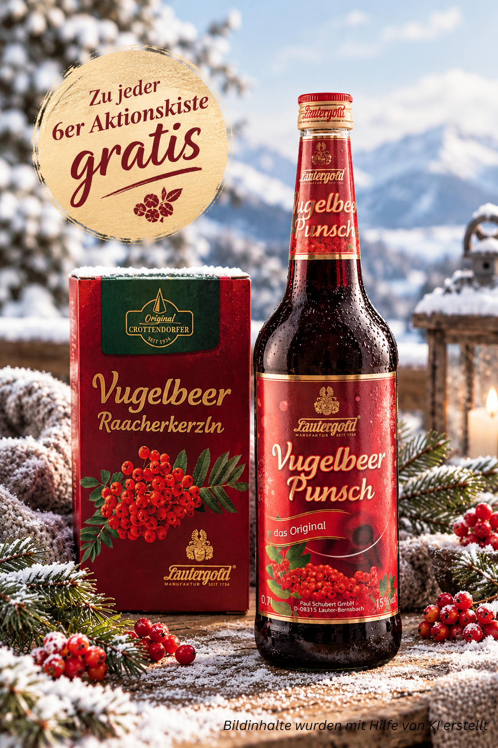 Aktionskiste 6 Flaschen Lauterer Vugelbeerpunsch 15% vol. mit Räucherkerzen "Vugelbeere"