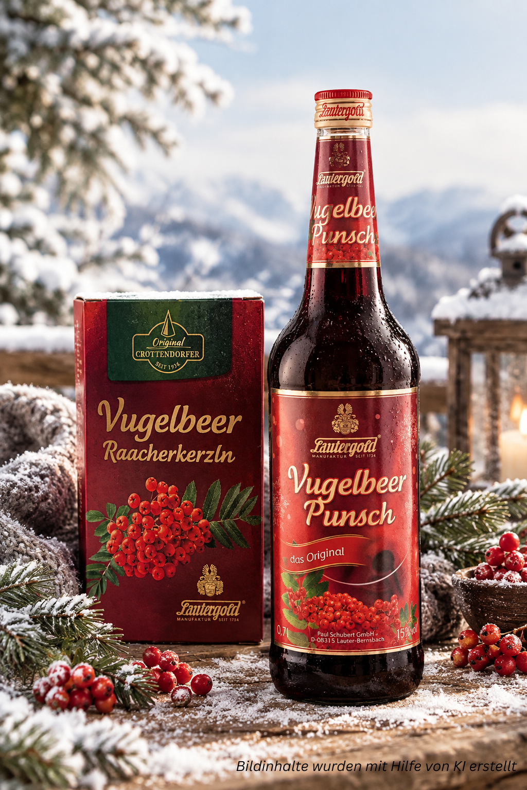 Aktionskiste 6 Flaschen Lauterer Vugelbeerpunsch 15% vol. mit Räucherkerzen "Vugelbeere"